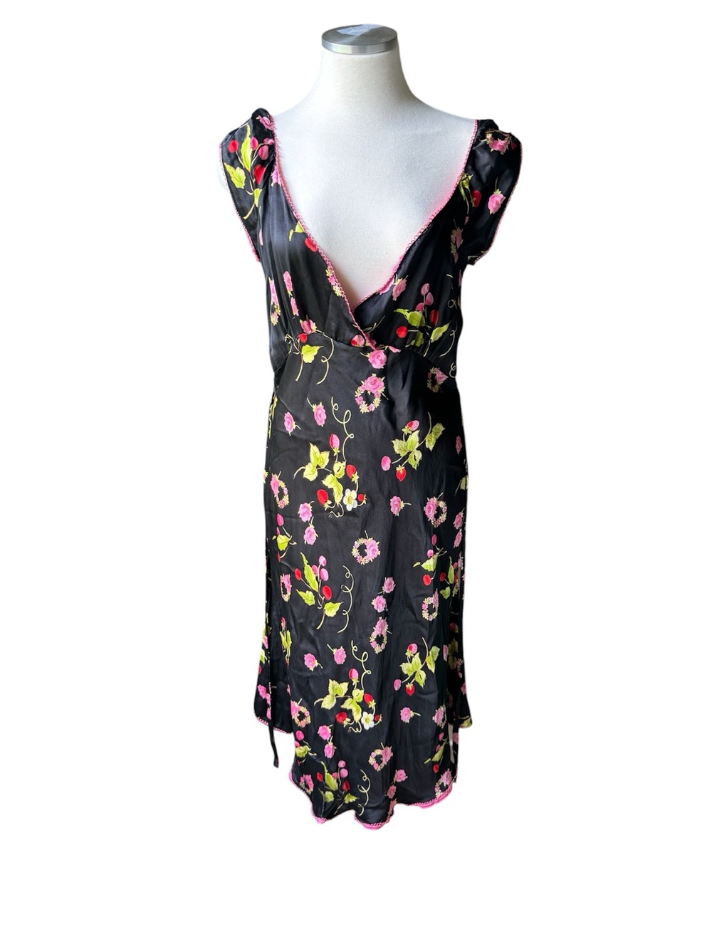 Betsey Johnson Black Floral Midi Slip Dress with Pink & Yellow Accents